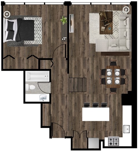Floor plan for 1 bed, 1 bath, 850 sqft